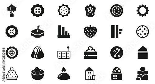 Collection of black and white icons representing various food items, objects, and symbols on a plain background