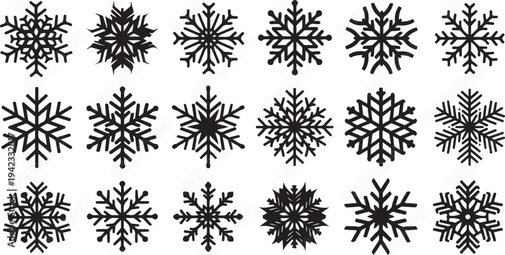 Fototapeta premium Collection of unique black snowflakes on white background illustration