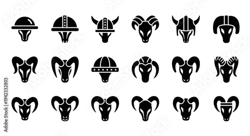Collection of Viking Helmets and Ram Heads Icons - Symbols of Strength and Ferocity
