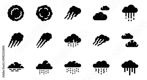 Set of weather icons representing different atmospheric conditions like rain, storms, and clouds, suitable for various applications and designs