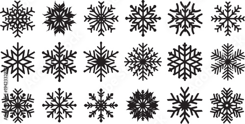 Collection of unique black snowflakes on white background illustration