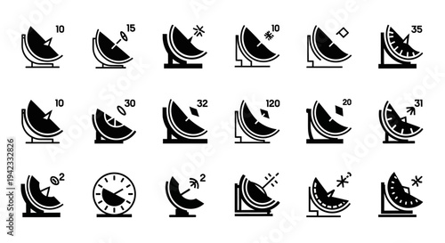 Collection of stylized satellite dish icons representing communication, technology, and signal transmission