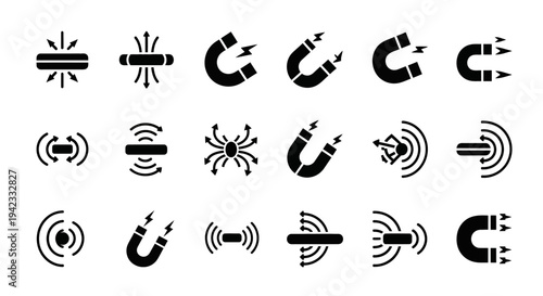 Collection of vector icons representing magnetic force, attraction, repulsion, waves, and field effects in various graphical representations