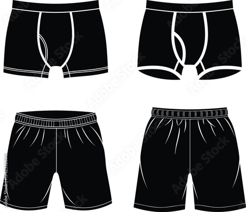 Black and white illustration of men’s underwear and shorts featuring boxer briefs, trunks, athletic shorts, and casual drawstring shorts for fashion, clothing design, retail apparel, and lifestyle