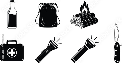 Black and white camping gear silhouette illustration featuring water bottle, backpack pouch, campfire, first aid kit, flashlights, and folding knife for outdoor survival, hiking, and adventure design