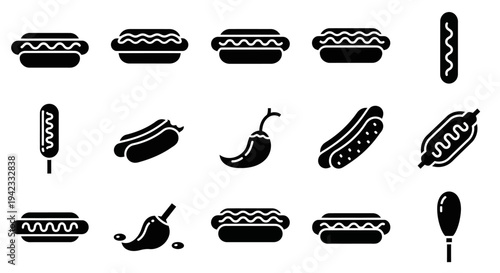 Collection of stylized hot dog and chili pepper icons, perfect for food-related graphic design projects