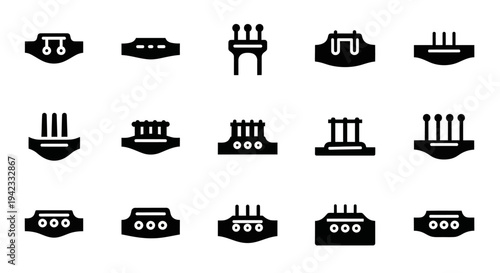 Set of architectural bridge or structure icons on white background, representing different types of crossings and infrastructure