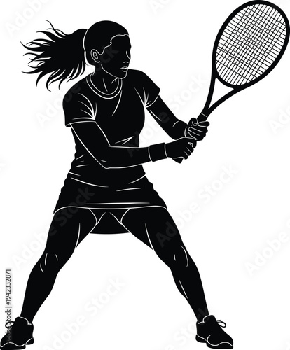 Black and white silhouette illustration of female tennis player in ready stance holding racket, preparing backhand shot, athletic sports concept for competition, training, and fitness projects