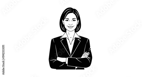 A confident businesswoman with her arms crossed, depicted in a simple black and white illustration.
