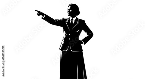 A confident woman in a suit pointing forward with her hand on her hip.