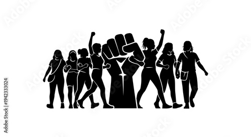 A group of women standing together in solidarity with raised fists