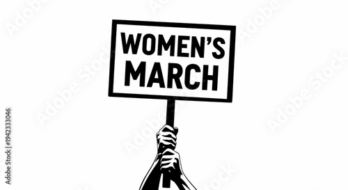 A hand holding a sign that reads women_s march in a simple graphic style.