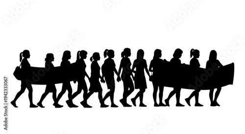 A procession of people carrying coffins in silhouette against a white background.