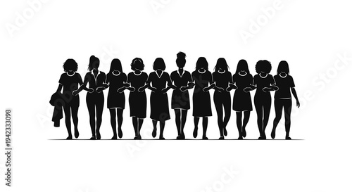 Silhouettes of women in various uniforms standing together in a line.