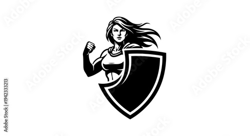 A female superhero with a strong flex and shield in a black and white graphic