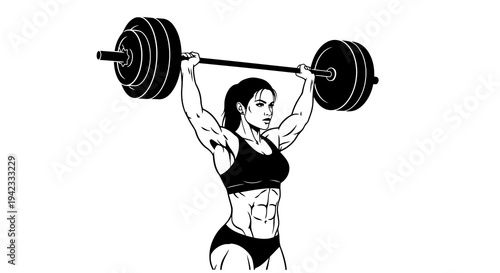 Woman lifting heavy barbell overhead with strength and determination
