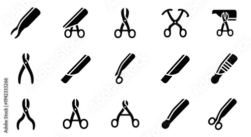 Collection of Medical and Surgical Instrument Icons Scalpels, Forceps, and Scissors