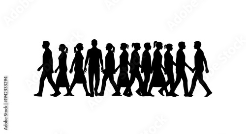 Silhouettes of people walking in a line against a white background.