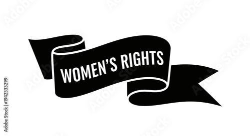 A black ribbon with the words women_s rights written on it in white text.