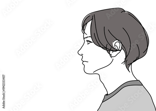 若い日本人男性の横顔のイラスト 上半身顔アップ 横向き モノクロ
