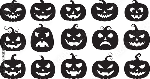 Collection of various carved Halloween pumpkins with spooky faces