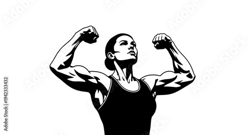 A woman flexing her muscles in a black tank top, showcasing strength and confidence.