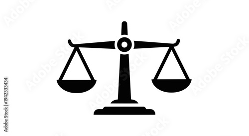 A simple black scale icon on a white background representing balance and justice.