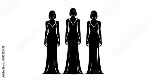 Three women in formal dresses standing together in a minimalist illustration