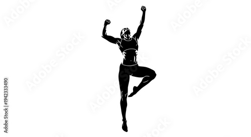 A silhouette of a dancer in mid-air, arms raised in a dynamic pose against a white background.