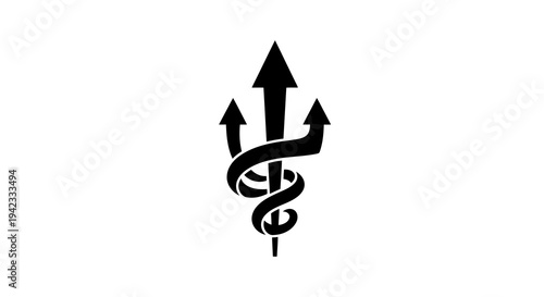 A black trident with a snake wrapped around its shaft and three arrows pointing upwards.