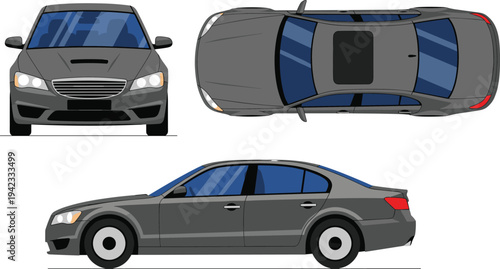 Modern sedan car vector illustration with front side and top view, detailed vehicle template for automotive design, transportation concept isolated on minimal background
