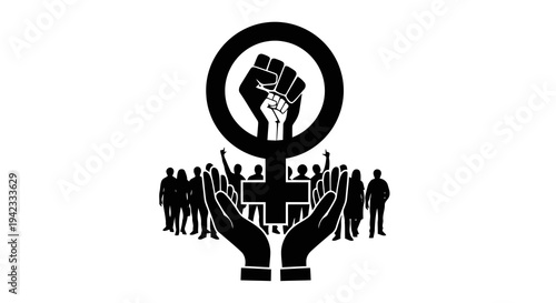 Symbolic representation of unity and empowerment through raised fists and collective support.