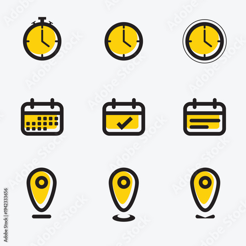 Time, Calendar, Date and Location sign illustration. Set of Location icon, time, calendar and notification icon isolated.