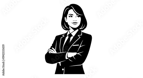 Confident businesswoman standing with her arms crossed in a professional setting.