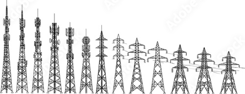 Telecommunication towers and electric transmission line pylons silhouettes collection vector illustration including radio antenna cellular network towers and high voltage power structures