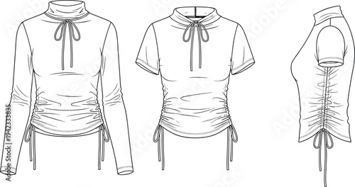 Women ruched drawstring top technical fashion sketch with long sleeve short sleeve and side view apparel flat template for clothing design