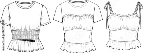Women blouse and crop top fashion technical drawing set with short sleeve and strap styles clothing line art vector apparel design template