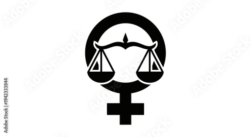 A symbol combining the female gender sign with scales of justice, representing feminist ideals and equality.