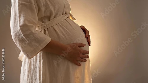 Wallpaper Mural Pregnant woman belly maternal prenatal care gentle touch warm light soft dress expectation serene home interior health support love connection peaceful motherhood maternity pose Torontodigital.ca