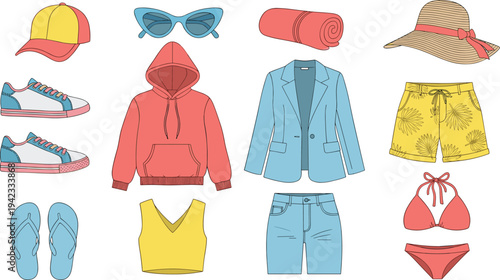 Women summer clothing and accessories collection vector illustration including hoodie blazer shorts bikini sneakers sunglasses hat and flip flops fashion items set