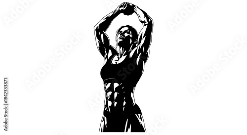 A woman exercising with her arms raised in a black and white illustration.