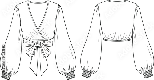 Women wrap blouse technical fashion sketch with long puff sleeves, front and back view apparel flat design template for garment construction and clothing design