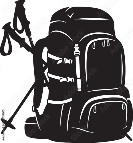 Black and white illustration of a hiking backpack setup