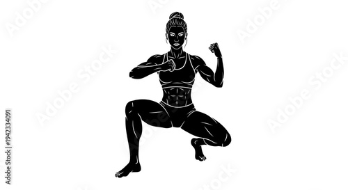 A female athlete is depicted in a dynamic yoga pose, showcasing strength and flexibility in a simple black silhouette.