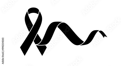 A black ribbon symbolizing awareness and support for a cause on a white background