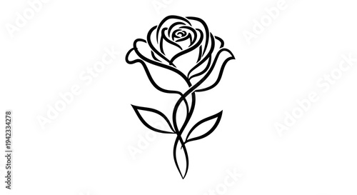 A simple black and white line drawing of a rose with twisted stem and leaves.