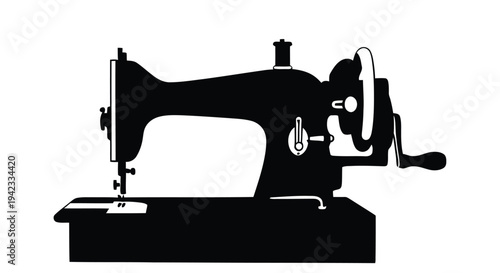 Simple black silhouette of a vintage sewing machine on a white background