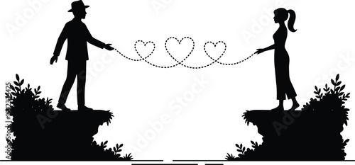 Romantic silhouette of a couple standing on separate cliffs connected by a dashed line of hearts, representing long distance love.