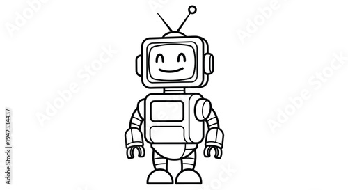 Simple black and white drawing of a smiling robot with an antenna