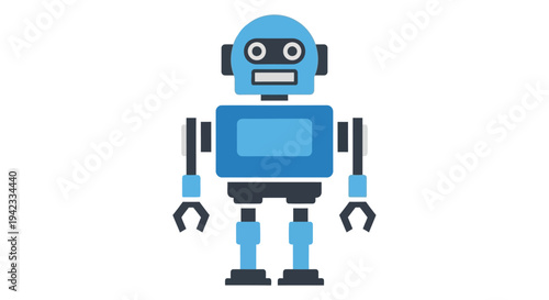 Pixelated blue robot illustration with a rectangular body and simple features